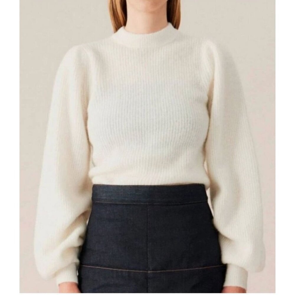 Ganni Alpaca Wool Blend Mockneck Butter Yellow Cream Balloon Sleeve Sweater XXS